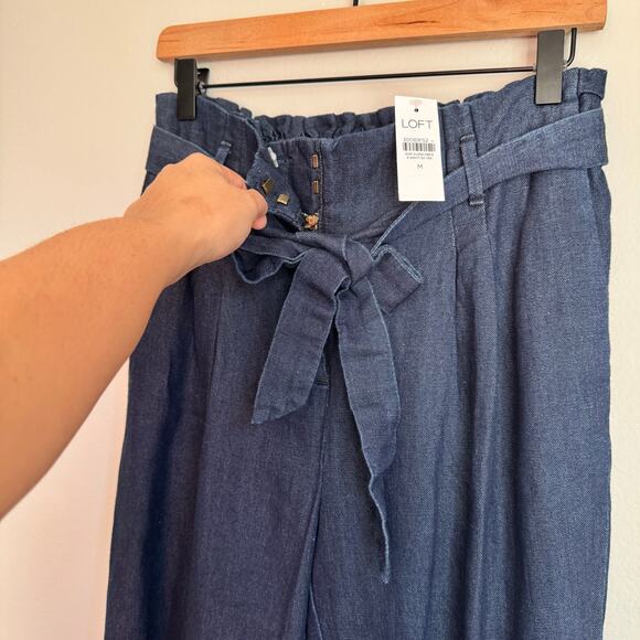 Loft Pants Size Medium Denim Paperbag Tie Elastic Waist Linen Lyocell Blend - Picture 2 of 11